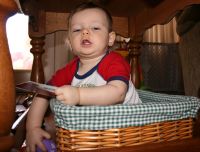 Andrew in basket under table